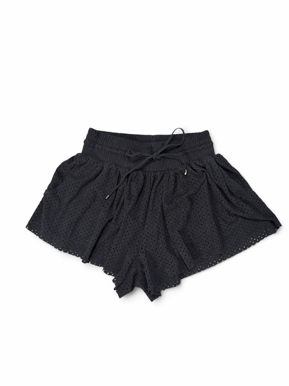 POL Women's M Black Faux Suede Feel Eyelet Flowy Shorts Drawstring Waist